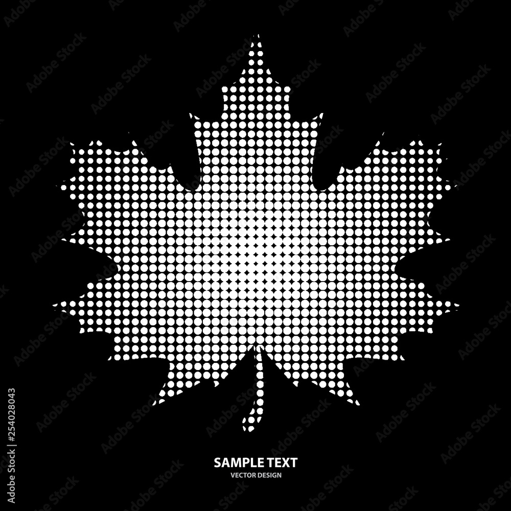 Bright maple leaf from small halftone circles on a black background.