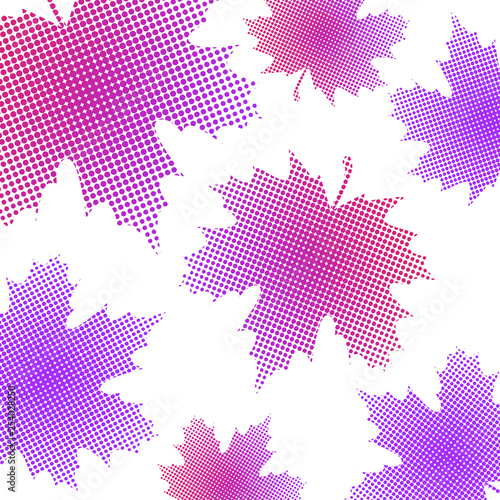 Bright maple leaves from small halftone circles on a white background.