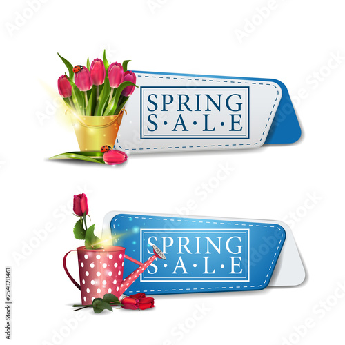 Two modern spring sales bannersbouquet of tulips in a yellow bucket and rose in the watering can