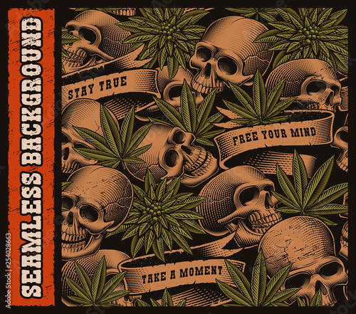 Seamless background of skulls and cannabis leaves