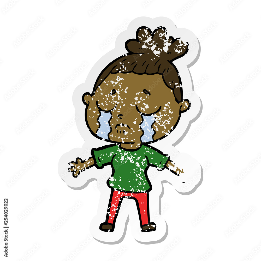 distressed sticker of a cartoon crying woman distressed sticker of a cartoon crying woman
