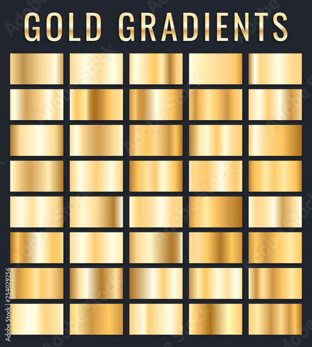 Collection of golden metallic gradient. Brilliant plates with gold effect. Vector illustration