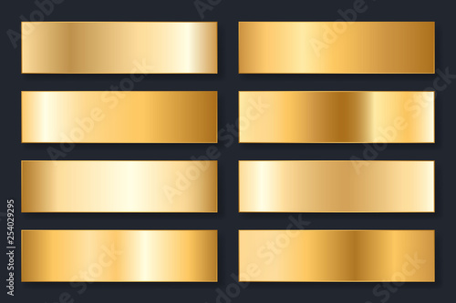 Collection of backgrounds with a metallic gradient. Brilliant plates with gold effect. Vector illustration