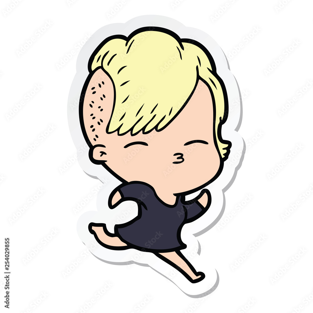 Obraz premium sticker of a cartoon squinting girl running