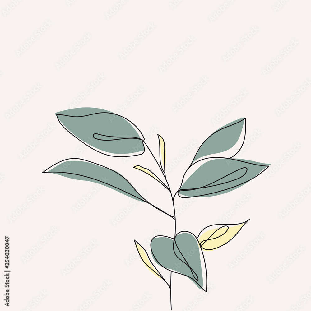 Plant leaves continuous line drawing. One line . Hand-drawn minimalist illustration, vector. - obrazy, fototapety, plakaty 
