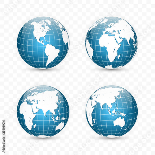 Earth globe. World map set. Planet with continents. Vector Illustration