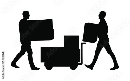 Delivery man carrying boxes of goods vector silhouette. Post man with package. Distribution storehouse. Boy holding heavy load for moving service. Handy man in move action. Hand transportation by cart