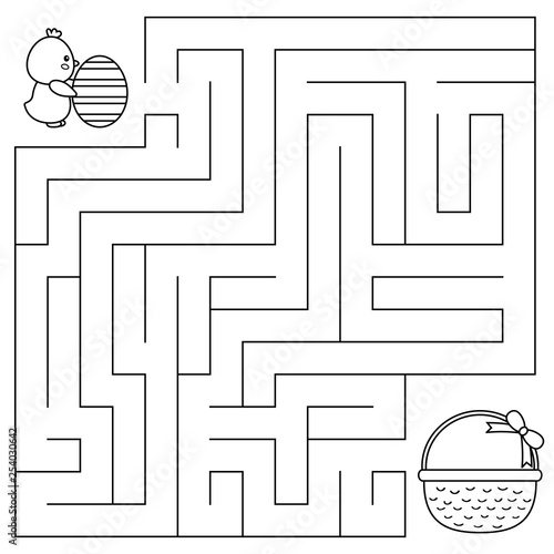 Easter maze game for preschool kids. Coloring page. Help the chick with egg find right way to the basket. Vector illustration.