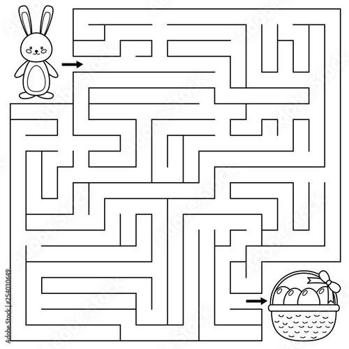 Easter maze game for preschool kids. Coloring page. Help the bunny find right way to the Easter eggs. Vector illustration.