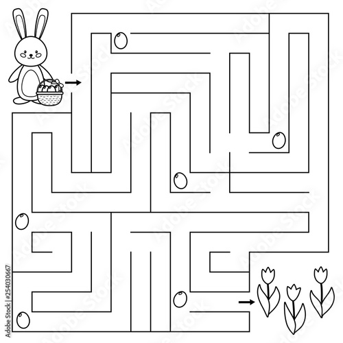 Spring maze game for preschool kids. Coloring page. Help the bunny find all Easter eggs. Vector illustration.