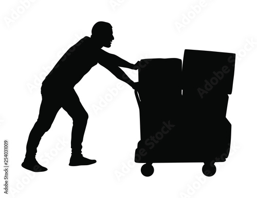 Delivery man carrying boxes of goods vector silhouette. Post man with package. Distribution storehouse. Boy holding heavy load moving service. Handy man move action. Hand transportation method by cart