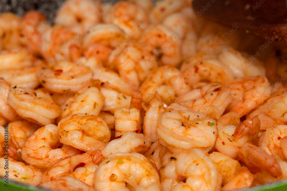 Prawns in pan, delicious seafood