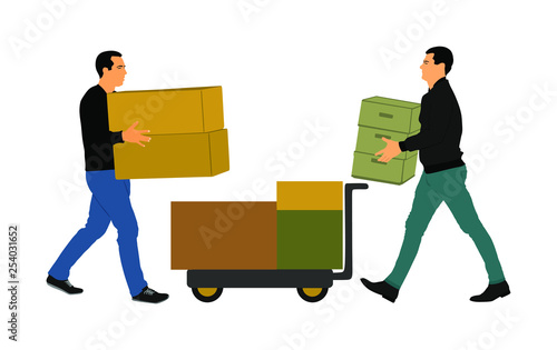 Delivery man carrying boxes of goods vector. Post man with package. Distribution storehouse. Boy holding heavy load for moving service. Handy man in move action. Hand transportation method by cart.