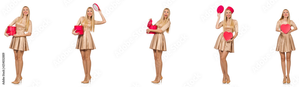 Beautiful woman in golden dress with giftbox Beautiful woman in golden dress with giftbox