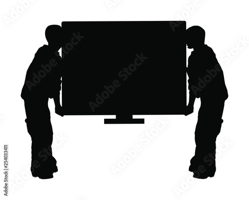 Delivery man carrying plasma TV silhouette. Post man package . Distribution procurement. Boys holding  television, moving service. Handy man in looting action. Hand transportation method, seizure. photo
