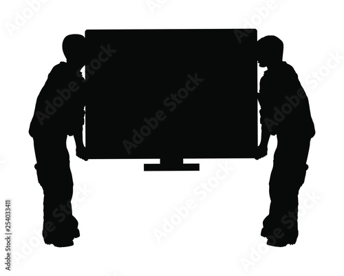 Delivery man carrying plasma TV silhouette. Post man package . Distribution procurement. Boys holding  television, moving service. Handy man in looting action. Hand transportation method, seizure.