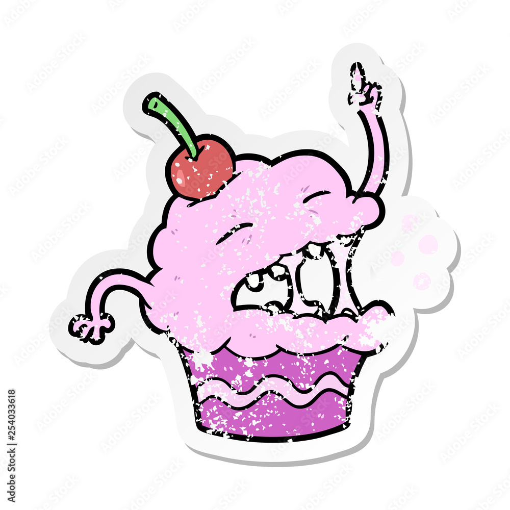 distressed sticker of a cartoon cupcake distressed sticker of a cartoon cupcake