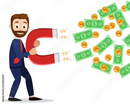 Businessman holds a big magnet and attracts money.