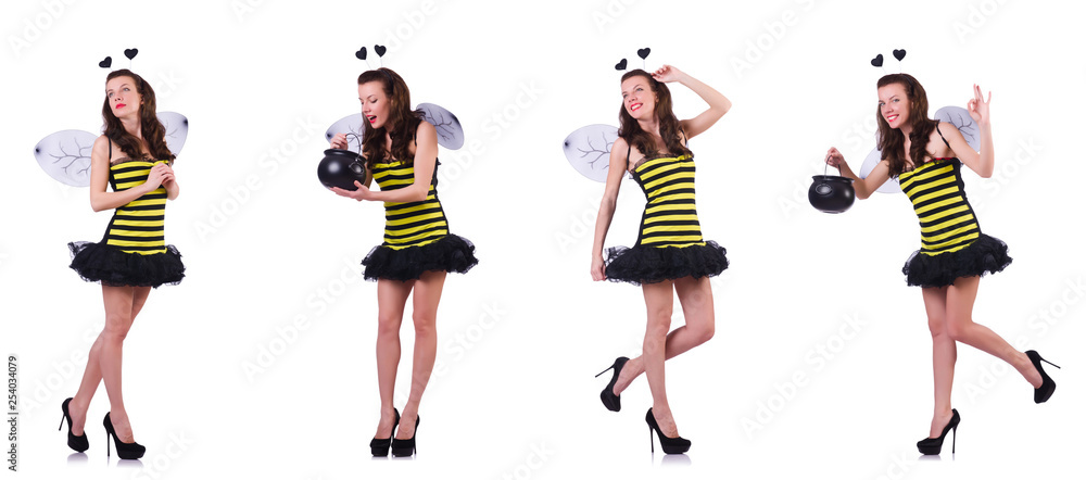 Young woman in bee costume isolated on white 
