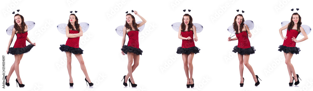 Young woman in bee costume isolated on white Young woman in bee costume isolated on white