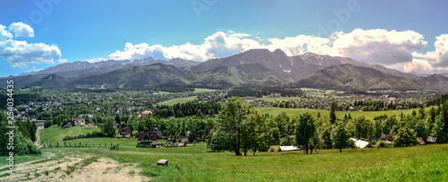 Panorama Beautiful spring nature. Fresh air, gentle mountains, warm rays of the sun.