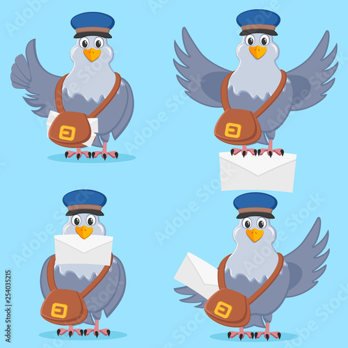 Set of carrier pigeon with bag and letter in different poses.
