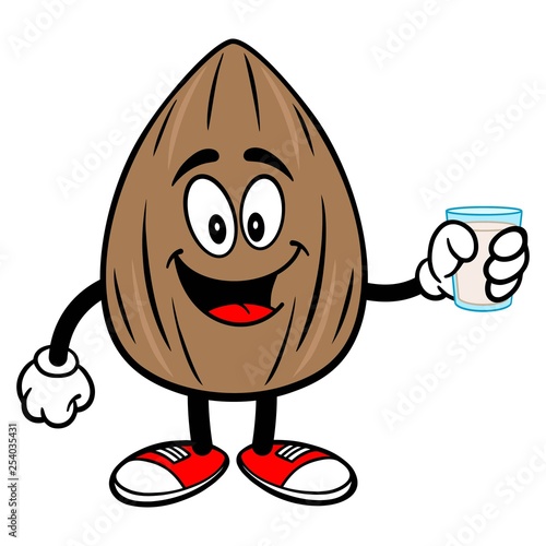 Almond Mascot with a glass of Milk - A vector cartoon illustration of a Almond mascot with a glass of Milk.