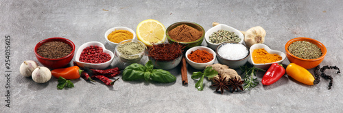 Spices and herbs on table. Food and cuisine ingredients.