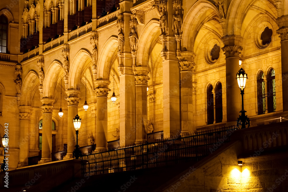 Night view of the illuminated building of the hungarian parliament in budapest