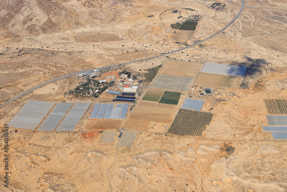 Dead Sea, ISRAEL -February 28, 2019: Flying over Ein Yahav a argriculture place of Israel.
