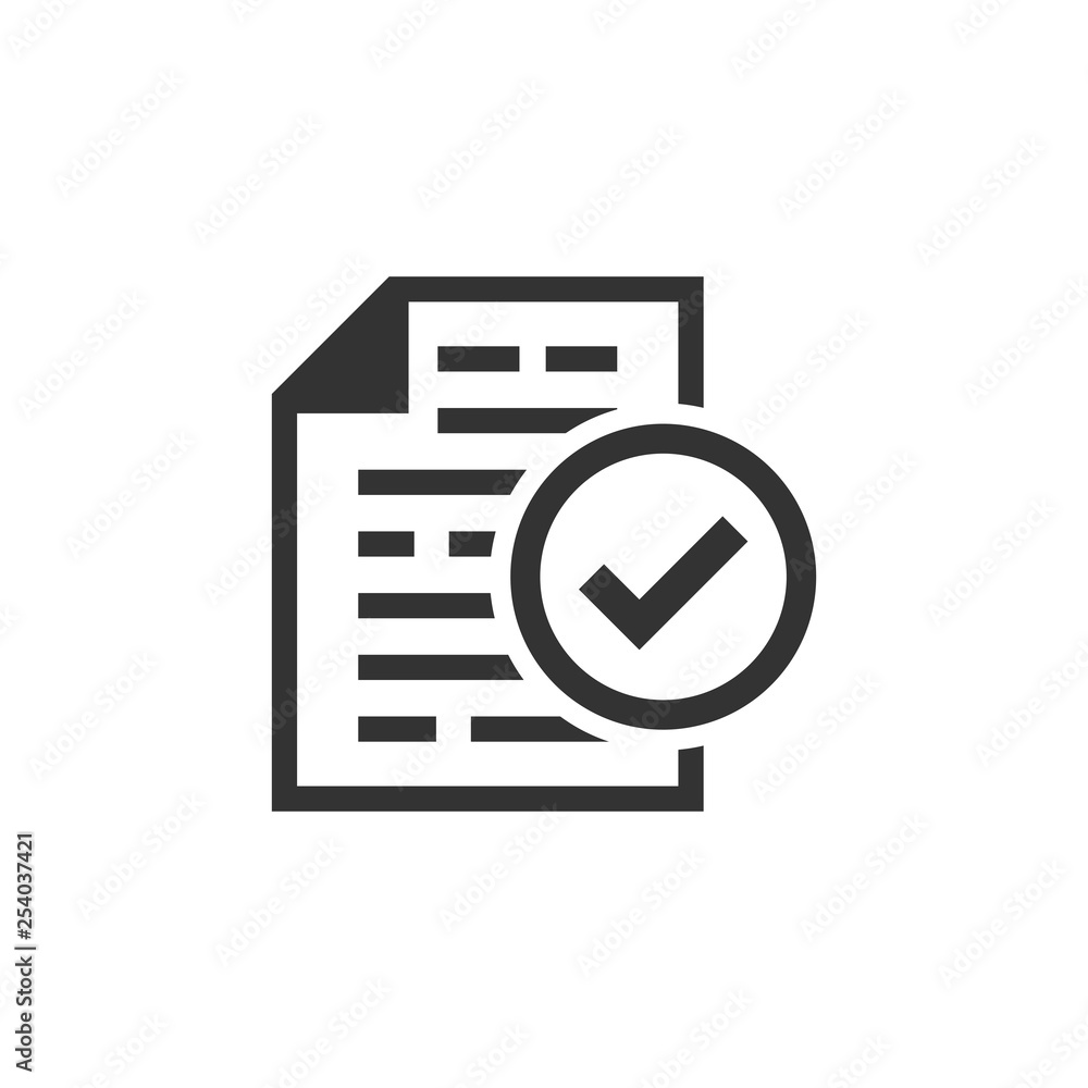 Compliance document icon in flat style. Approved process vector illustration on white isolated background. Checkmark business concept. Compliance document icon in flat style. Approved process vector illustration on white isolated background. Checkmark business concept.