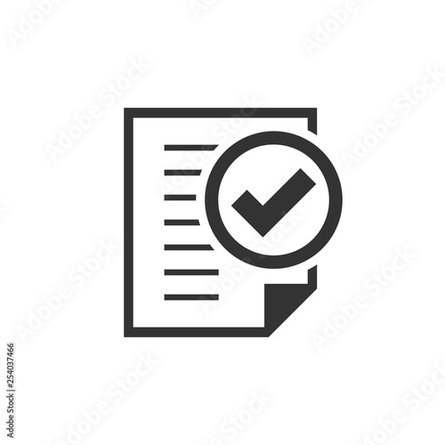 Compliance document icon in flat style. Approved process vector illustration on white isolated background. Checkmark business concept.