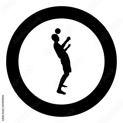 Man kicks the ball on head. Soccer player taps ball with his head Football concept Juggling trick with ball icon black color vector in circle round illustration flat style image