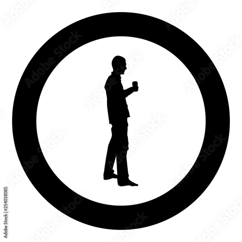 Man holds in hand glass of wine about to make toast Holiday concept icon black color vector in circle round illustration flat style image