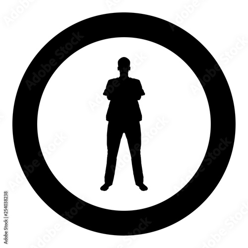 Man standing with hands crossed Dentist surgeon in medical clothes with folded hands on his chest Concept of the end of surgery operation Front view icon black color vector in circle round 