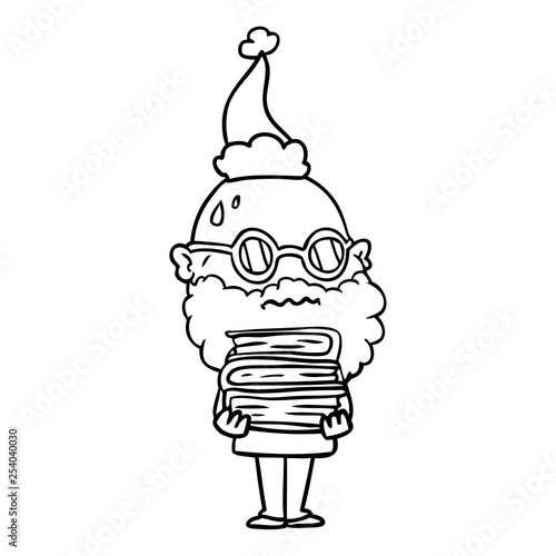 line drawing of a worried man with beard and stack of books wearing santa hat