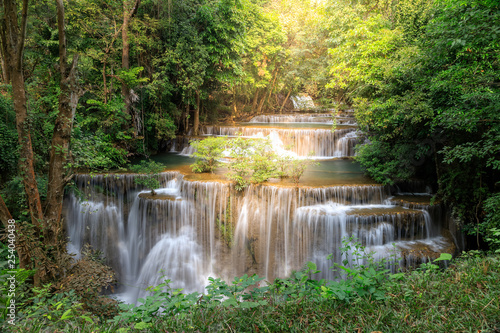 Huai Mae Khamin Waterfall tier 4 with sun ray  Khuean Srinagarindra National Park  Kanchanaburi  Thailand