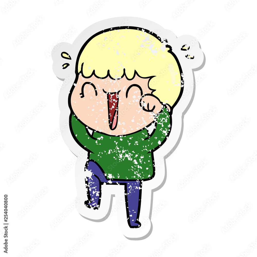 distressed sticker of a laughing cartoon man distressed sticker of a laughing cartoon man