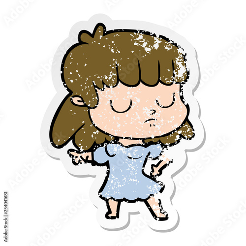 distressed sticker of a cartoon indifferent woman
