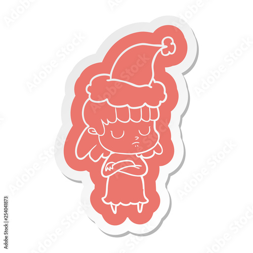 cartoon  sticker of a indifferent woman wearing santa hat