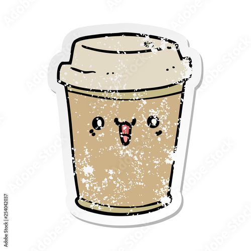 distressed sticker of a cartoon take out coffee