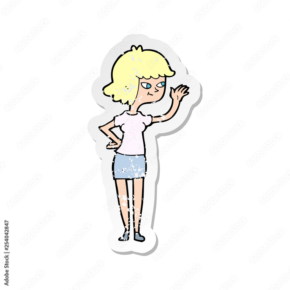 retro distressed sticker of a cartoon friendly girl waving retro distressed sticker of a cartoon friendly girl waving