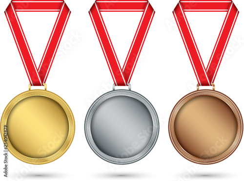 Gold, silver and bronze medals, medal set with red ribbon, vector illustration