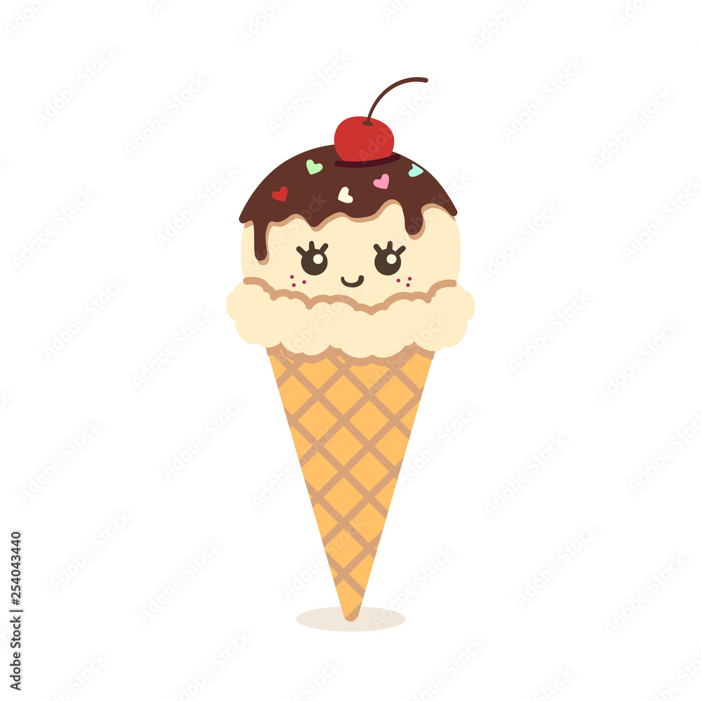 Cute, kawaii vanilla ice cream with a smile in a waffle cone. Cute, kawaii vanilla ice cream with a smile in a waffle cone.