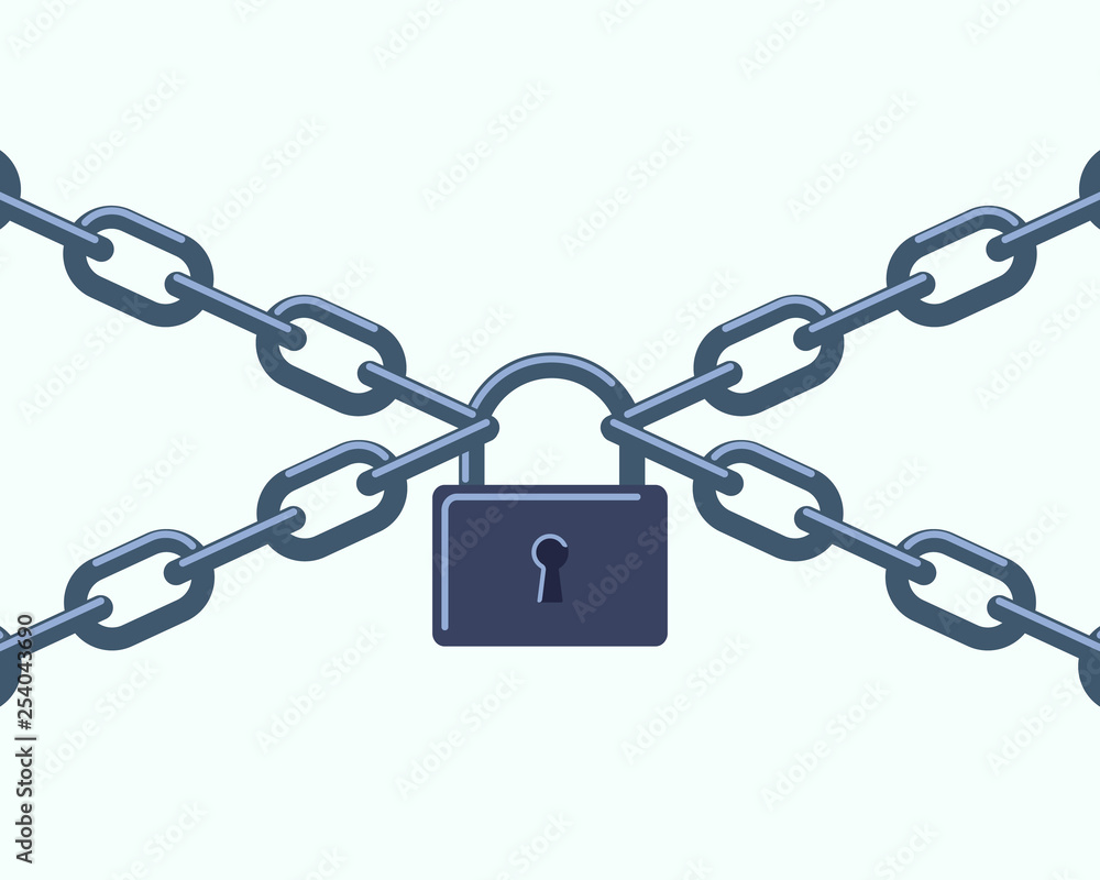 Closed lock on the chains. Symbol of protection of information, property, inaccessibility. Closed lock on the chains. Symbol of protection of information, property, inaccessibility.