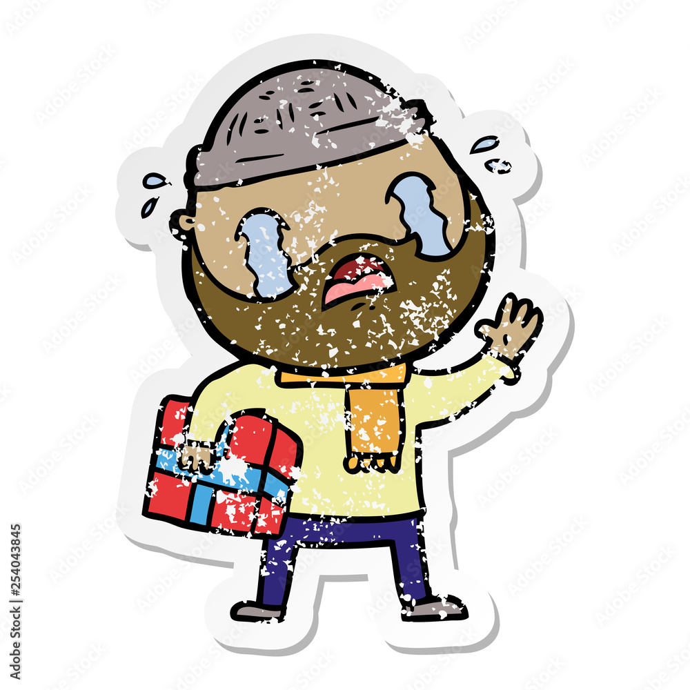 distressed sticker of a cartoon bearded man crying with christmas present