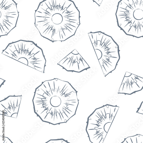 Seamless pattern from outline sliced pineapple pieces on a white background.