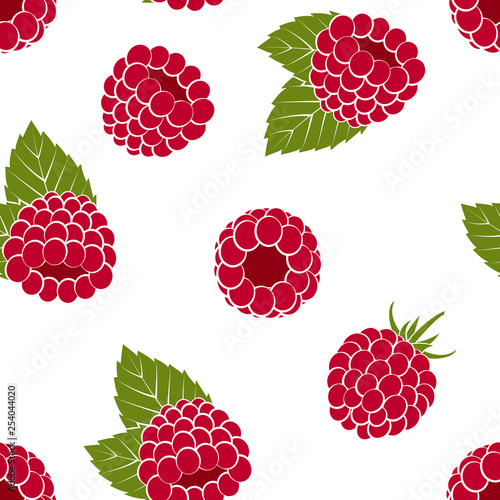 Seamless pattern - ripe red raspberries on white background.