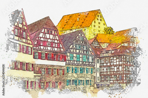 Watercolor sketch or illustration of a beautiful view of the traditional colored houses in Colmar in France © CaptainMCity