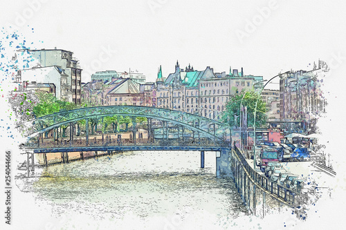 Watercolor sketch or illustration of a street view called Speicherstadt with houses and a bridge in Hamburg in Germany